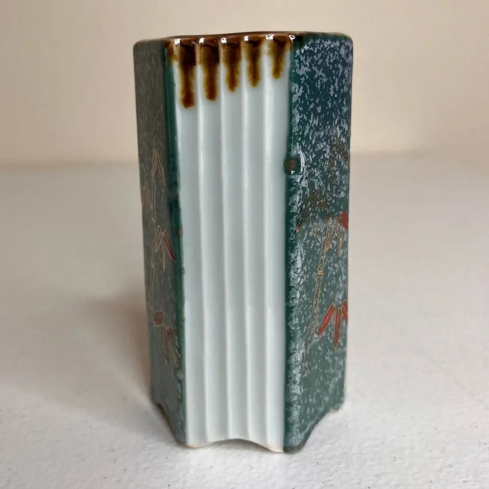 Vintage Hexagon Shape Japanese Vase Bamboo Green Sponge Red Gold Ridged Brown - Picture 2 of 11